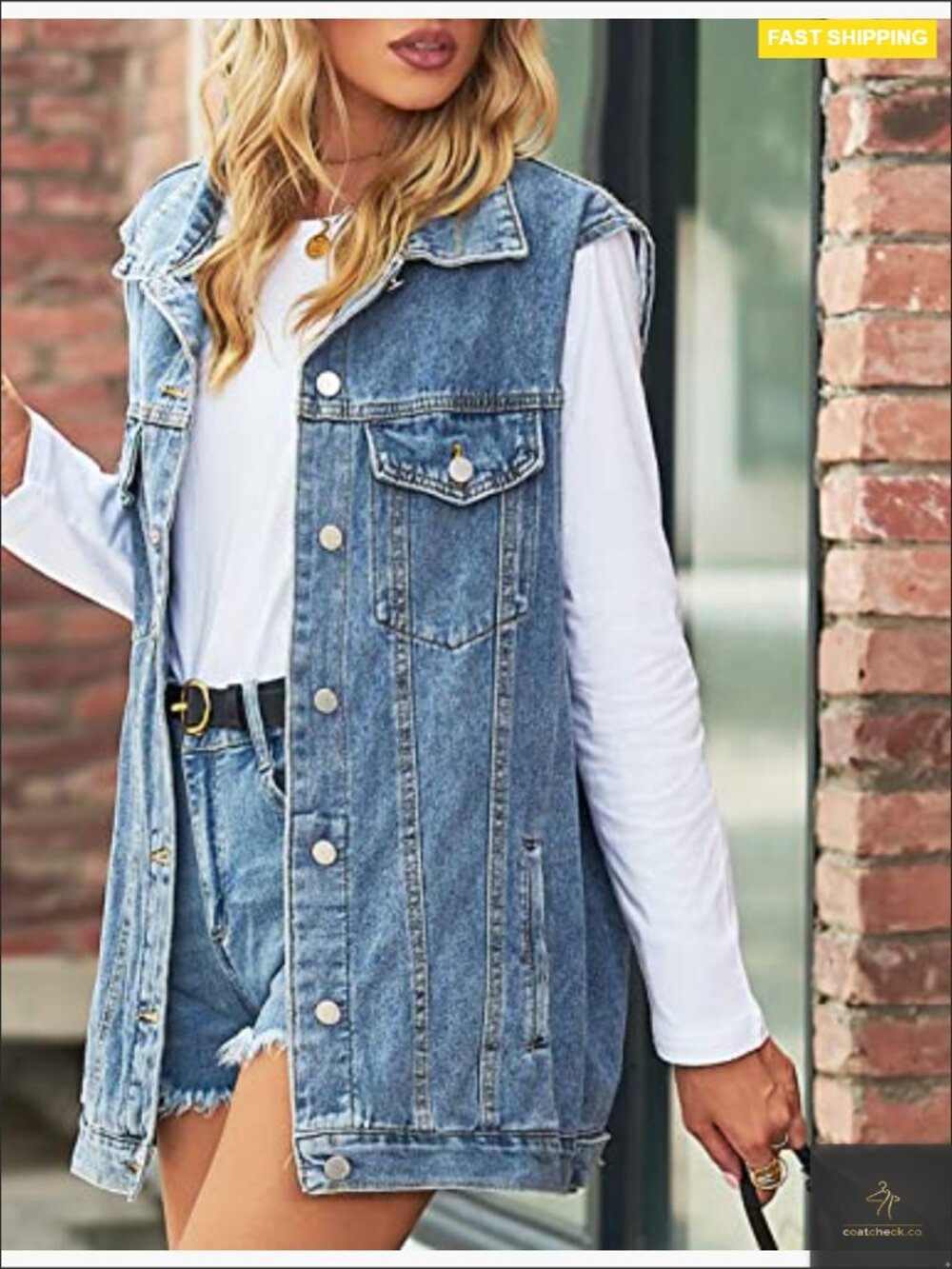 Oversized Mid Long Denim Vest Button Down Sleeveless Jean Waistcoat Classic - Picture 3 of 7